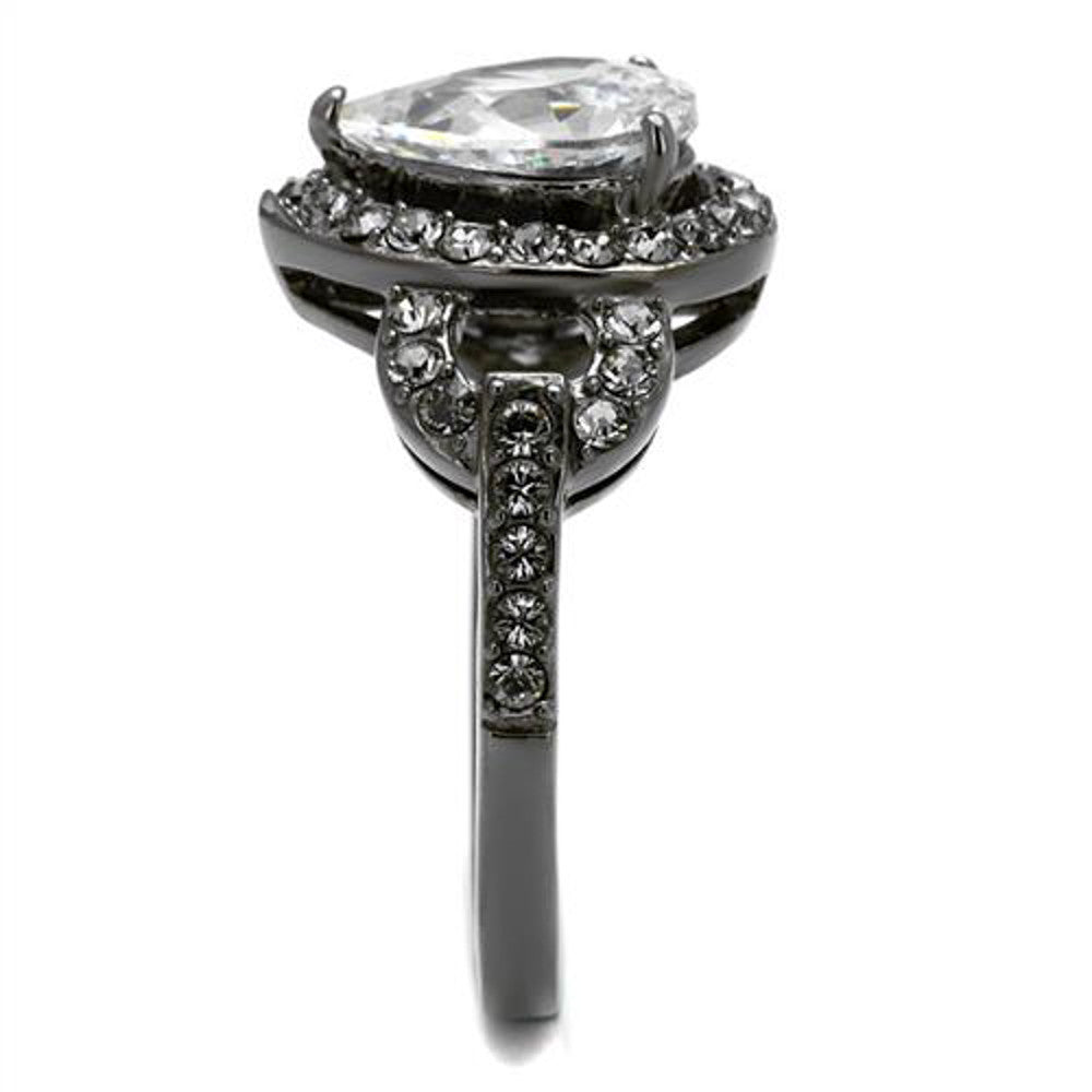 ARTK2655 Light Black IP Stainless Steel Women's 3.72 Ct Pear Cut Cz Halo Engagement Ring